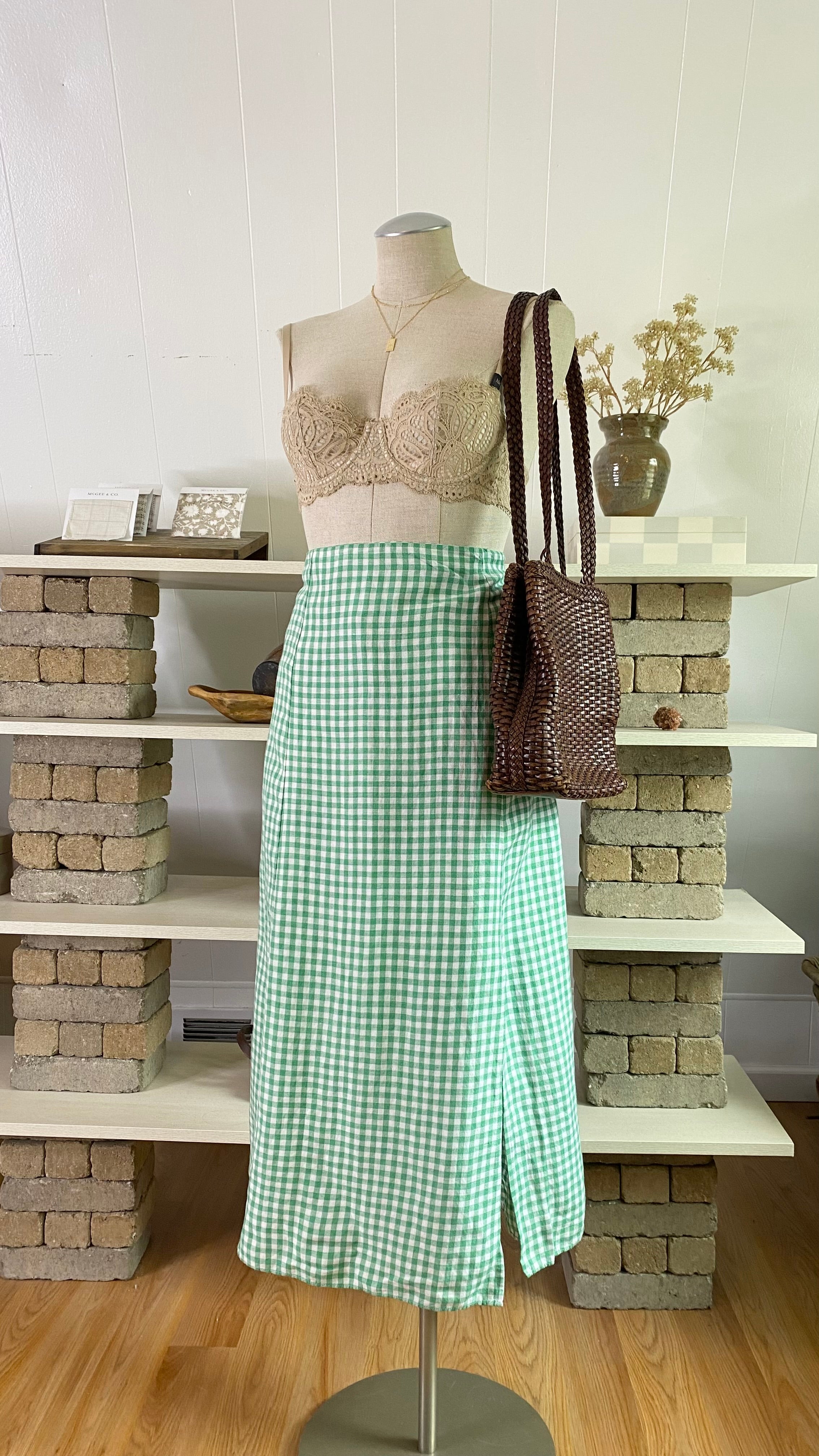 New with tags Loft size 14 gingham green skirt linen blend Shop Clothing Compass